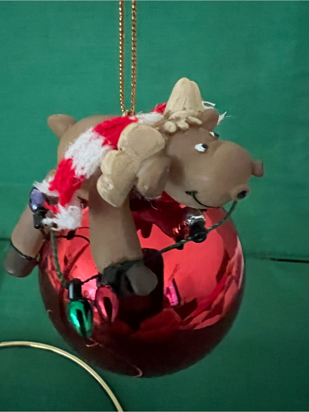 Festive Moose Ornament on Shiny Red Ball - Holiday Hanging Decoration - Picture 3 of 4